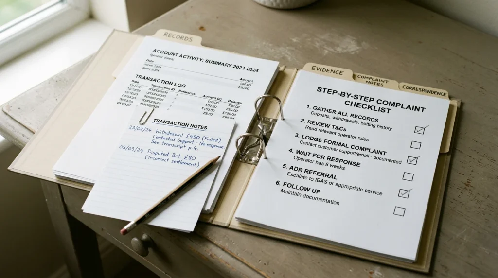 Folder of complaint notes with account records and a calm step-by-step checklist
