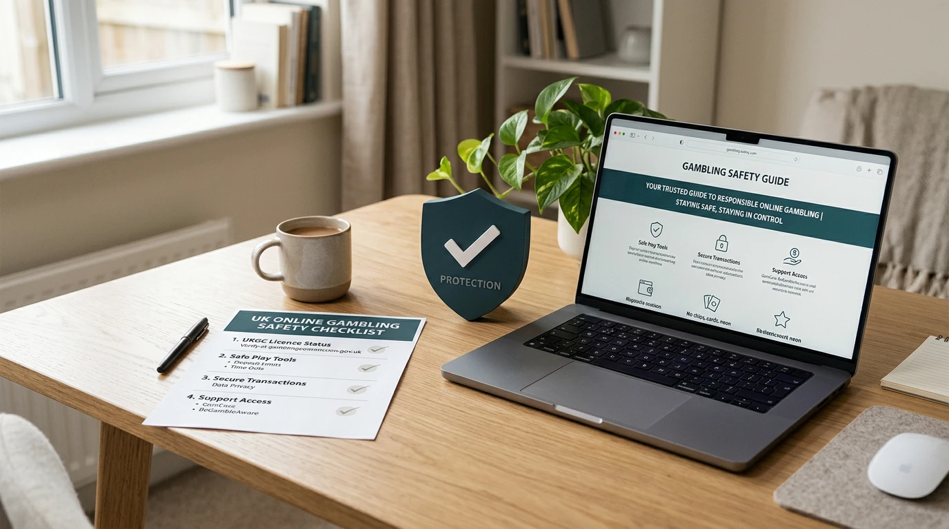 A calm desk scene with a licence checklist, shield icon and online gambling safety notes