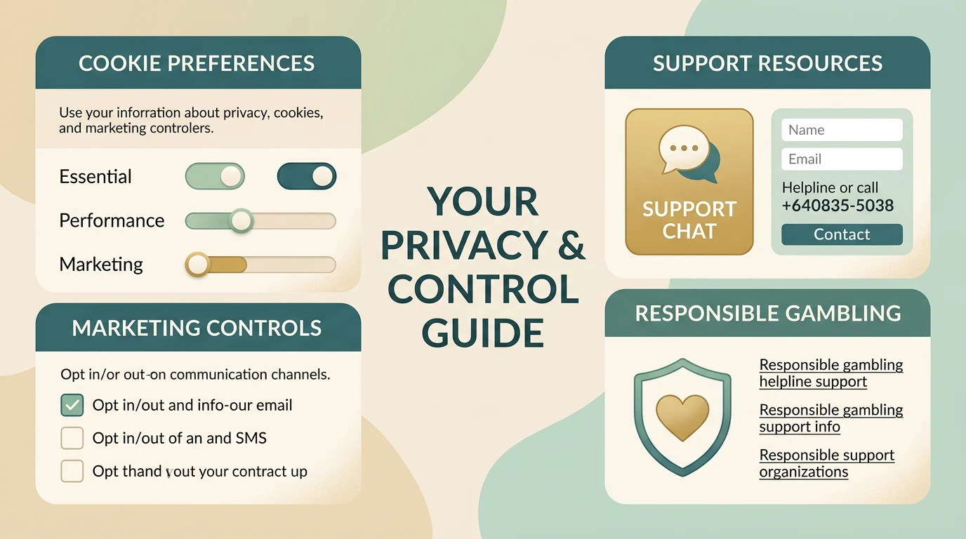 Support resources, privacy controls and safer gambling steps arranged in a calm guide layout