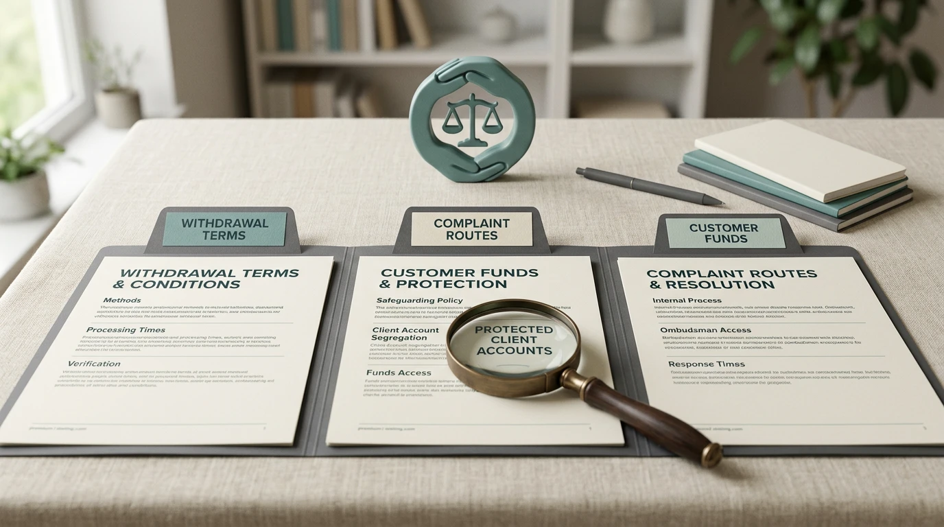 Withdrawal terms and complaint documents arranged beside a simple customer funds checklist