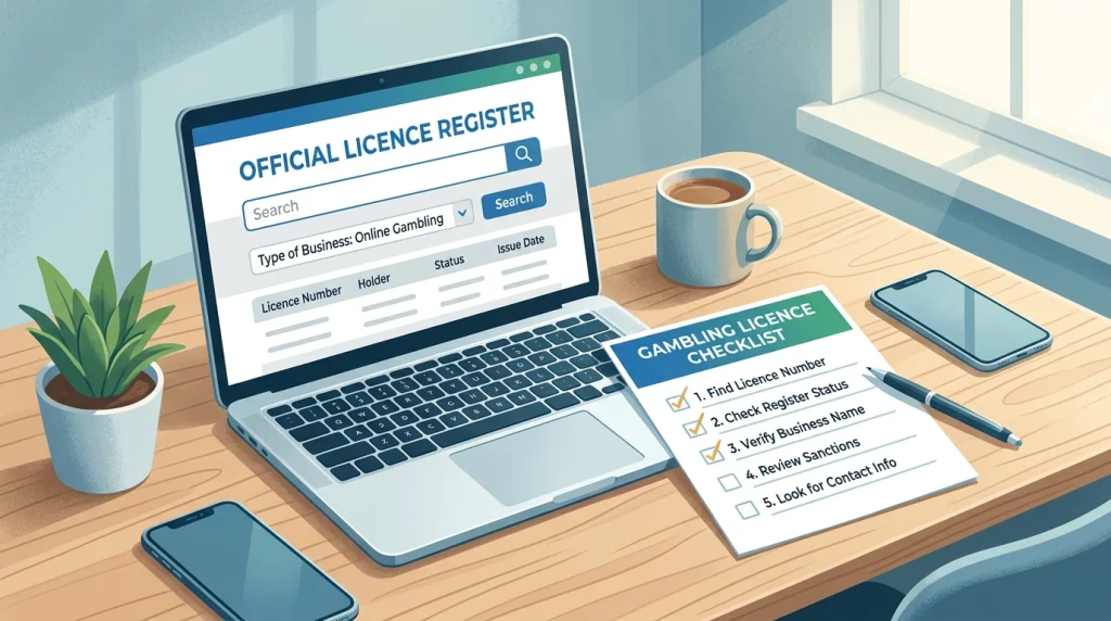 Checklist on a laptop for checking an online gambling licence