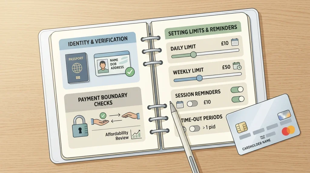 Notebook showing payment checks, identity verification and limit reminders