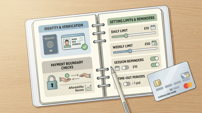 Notebook showing payment checks, identity verification and limit reminders