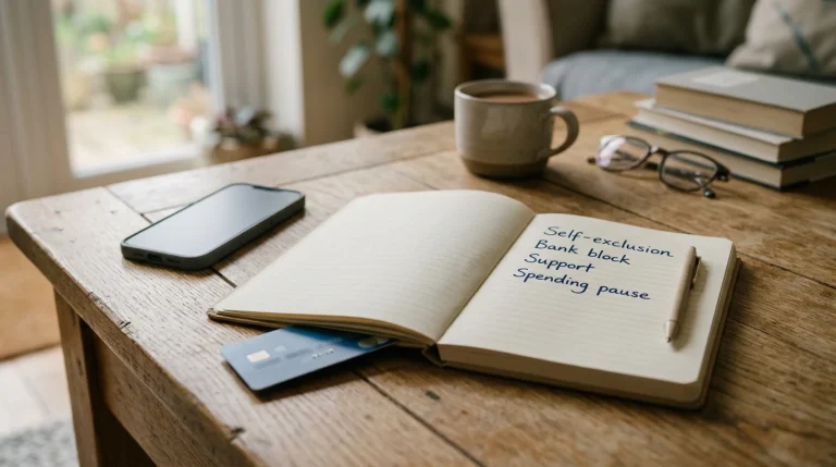 Notebook showing layered gambling support steps beside a phone and bank card