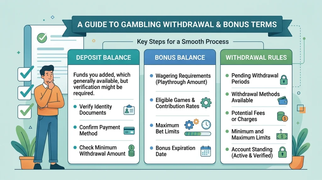Plain terms checklist separating deposit balance and bonus balance